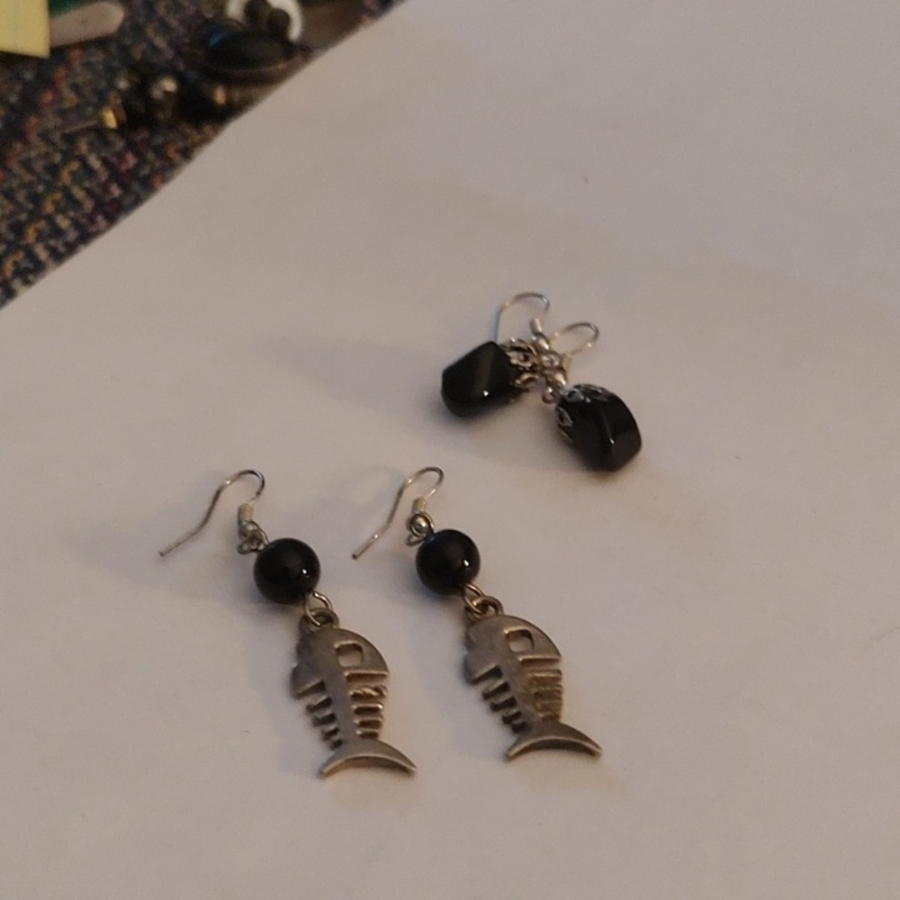 Silver Fish Skeleton Dangle Earrings with Black Beads